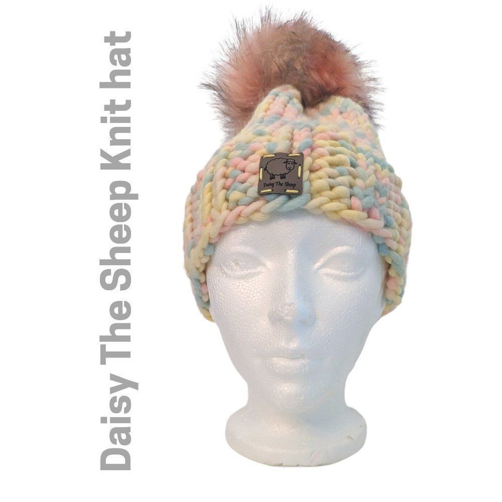 Knit hat features Daisy The Sheep front Tag and poufy top Size 8 Inches